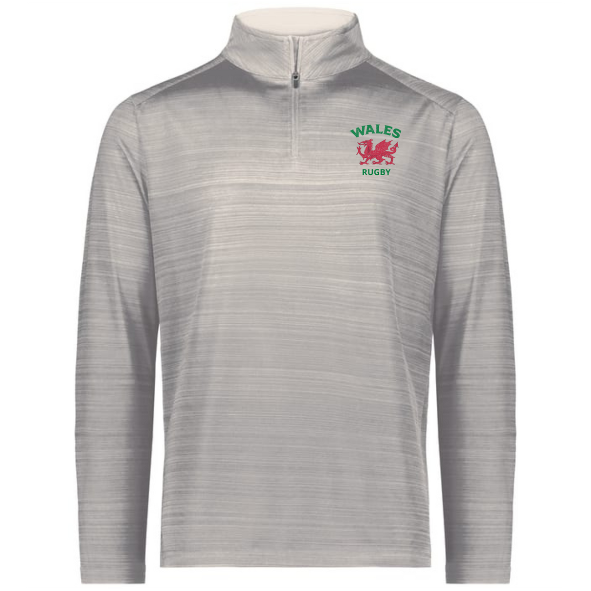 The EMB Augusta Nations of Rugby Wales Pursuit 1/4 Zip Pullover is light grey, featuring a bold "WALES RUGBY" logo and striking red Welsh dragons on the left chest.