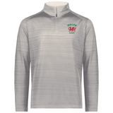 The EMB Augusta Nations of Rugby Wales Pursuit 1/4 Zip Pullover is light grey, featuring a bold "WALES RUGBY" logo and striking red Welsh dragons on the left chest.