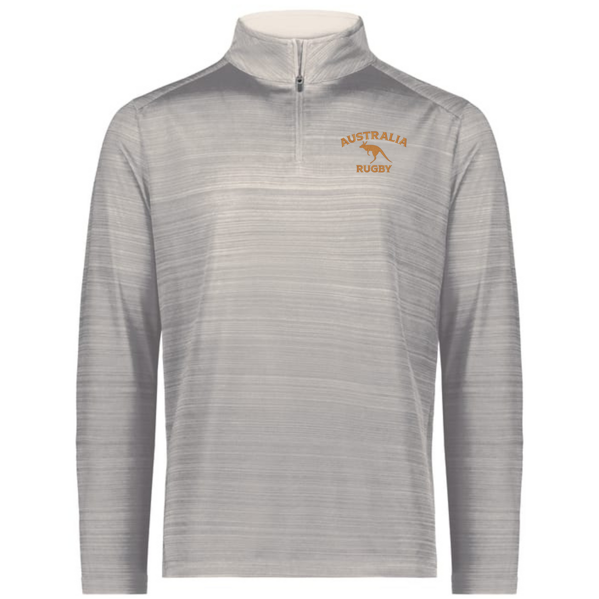 The EMB Augusta Nations of Rugby Australia Pursuit 1/4 Zip Pullover in light grey features “AUSTRALIA RUGBY” and a kangaroo logo in orange—perfect for Rugby Australia fans and proud supporters.