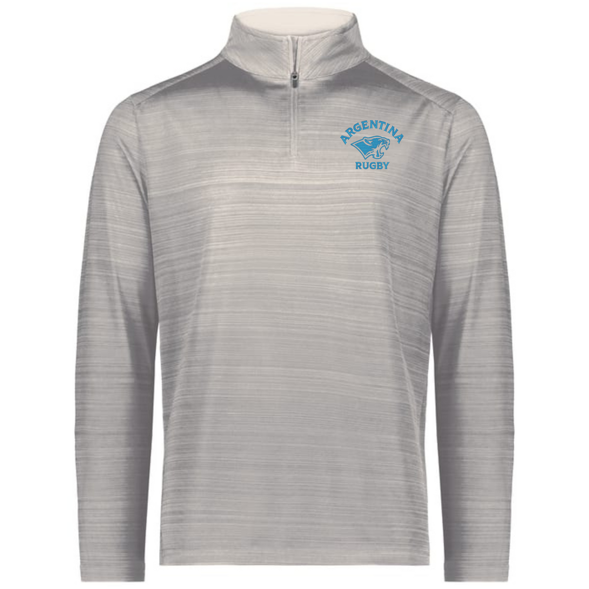 The EMB Augusta Nations of Rugby Argentina Pursuit 1/4 Zip Pullover is a light gray, long-sleeve top featuring a blue Argentina Rugby logo on the left chest.