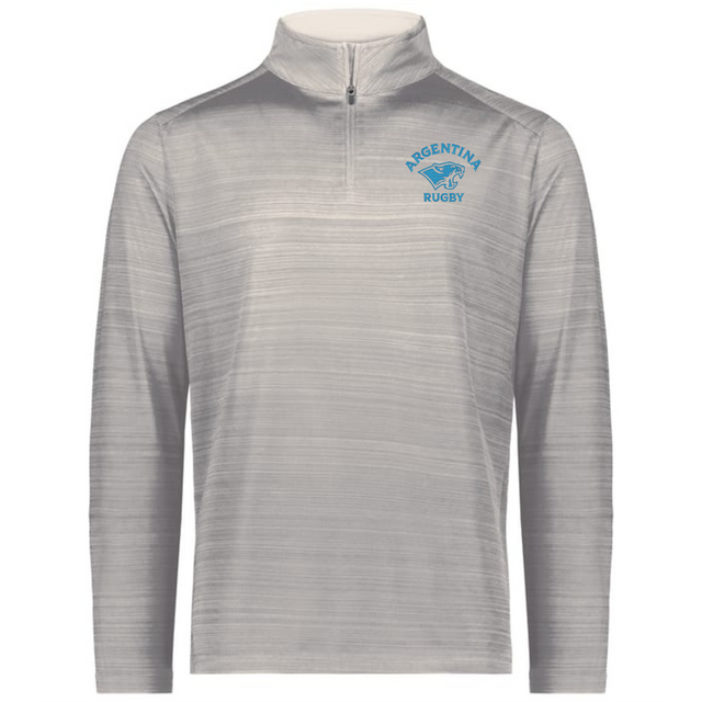 The EMB Augusta Nations of Rugby Argentina Pursuit 1/4 Zip Pullover is a light gray, long-sleeve top featuring a blue Argentina Rugby logo on the left chest.