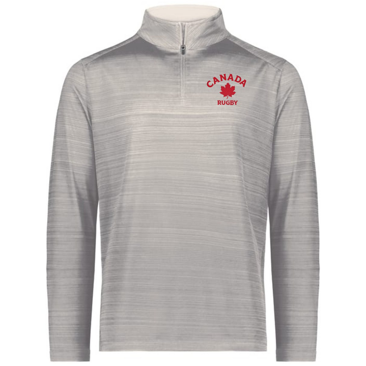 The EMB Augusta Nations of Rugby Canada Pursuit 1/4 Zip Pullover in light gray features "CANADA RUGBY" and a red maple leaf logo—perfect for Rugby Canada and Nations of Rugby fans.