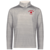 The EMB Augusta Nations of Rugby Canada Pursuit 1/4 Zip Pullover in light gray features "CANADA RUGBY" and a red maple leaf logo—perfect for Rugby Canada and Nations of Rugby fans.