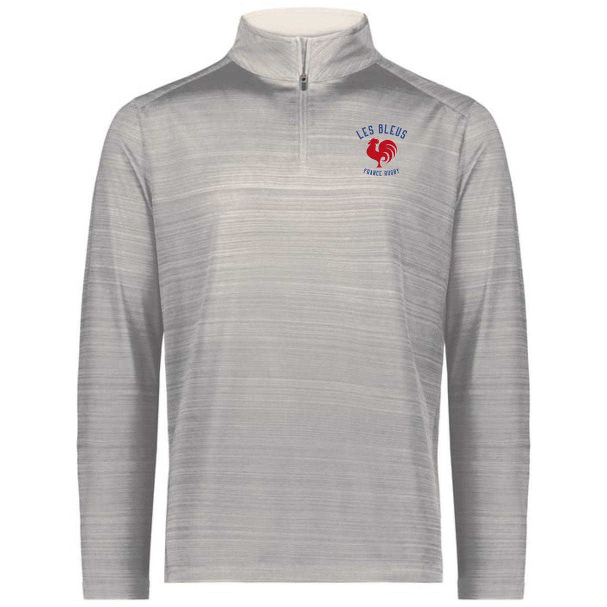 The EMB Augusta Nations of Rugby Les Bleus Pursuit 1/4 Zip Pullover, in light gray, features "LES BLEUS FRANCE RUGBY" and a red rooster logo on the left chest—ideal for passionate fans.