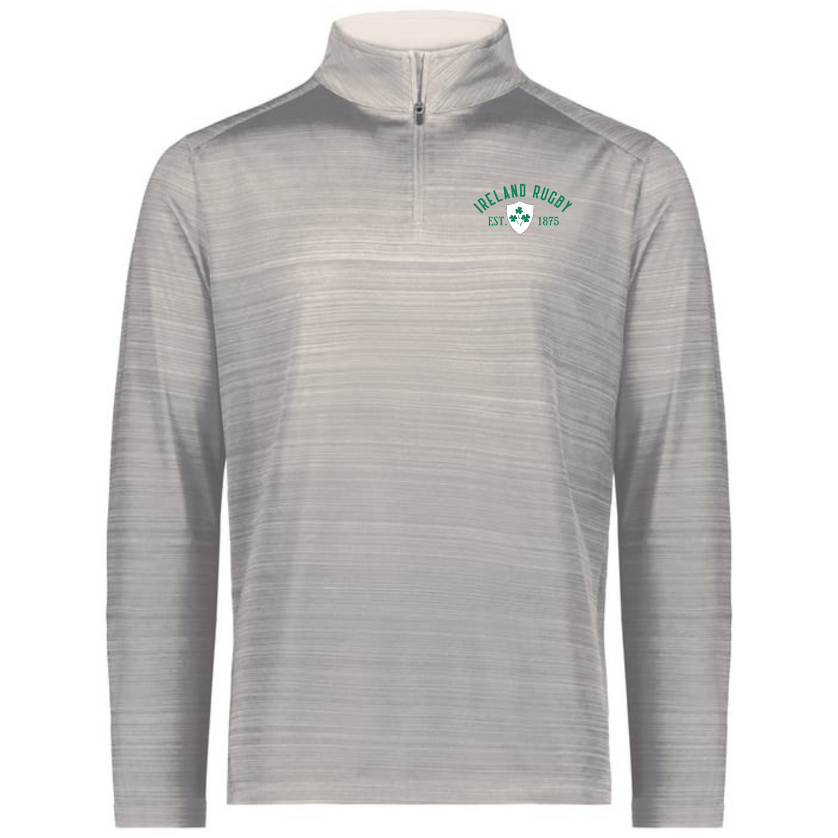 The EMB Augusta Nations of Rugby Ireland Est 1875 Pursuit 1/4 Zip Pullover is a light gray top featuring "Ireland Rugby Est. 1875" and a green shamrock logo on the left chest, honoring Ireland’s rugby legacy.