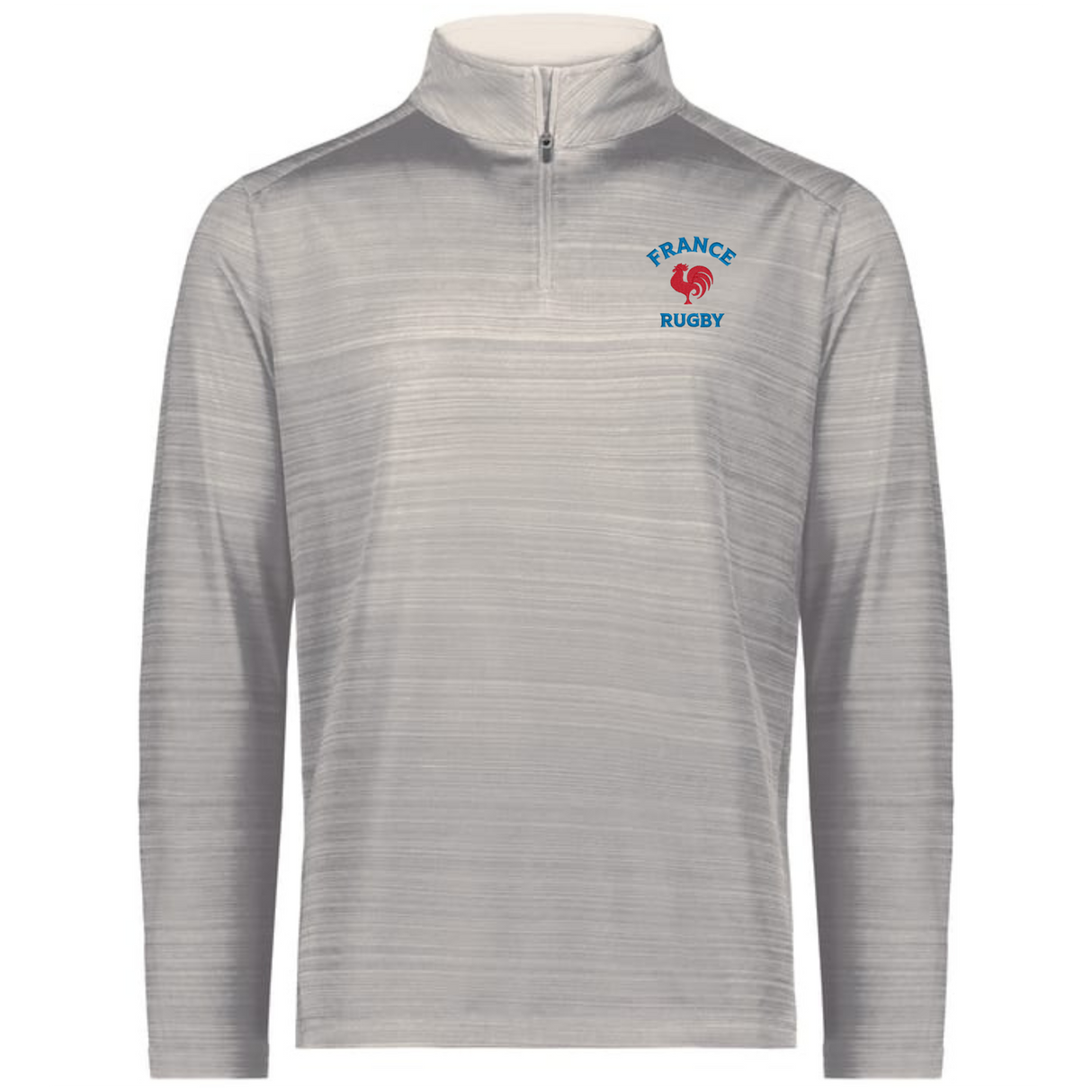 The EMB Augusta Nations of Rugby France Pursuit 1/4 Zip Pullover in light grey features "FRANCE RUGBY" text, a red rooster logo on the left chest, and moisture-wicking fabric for comfort.