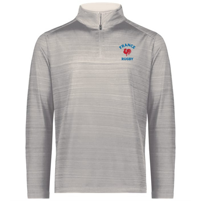 The EMB Augusta Nations of Rugby France Pursuit 1/4 Zip Pullover in light grey features "FRANCE RUGBY" text, a red rooster logo on the left chest, and moisture-wicking fabric for comfort.