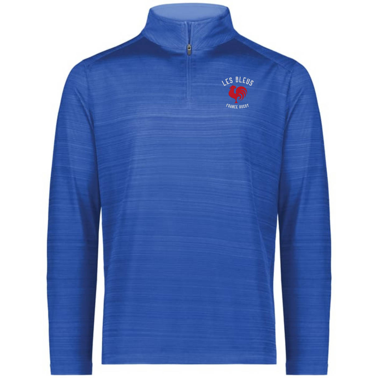 The EMB Augusta Nations of Rugby Les Bleus Pursuit 1/4 Zip Pullover is a blue long-sleeve featuring "LES BLEUS FRANCE RUGBY" and a red emblem on the left chest.