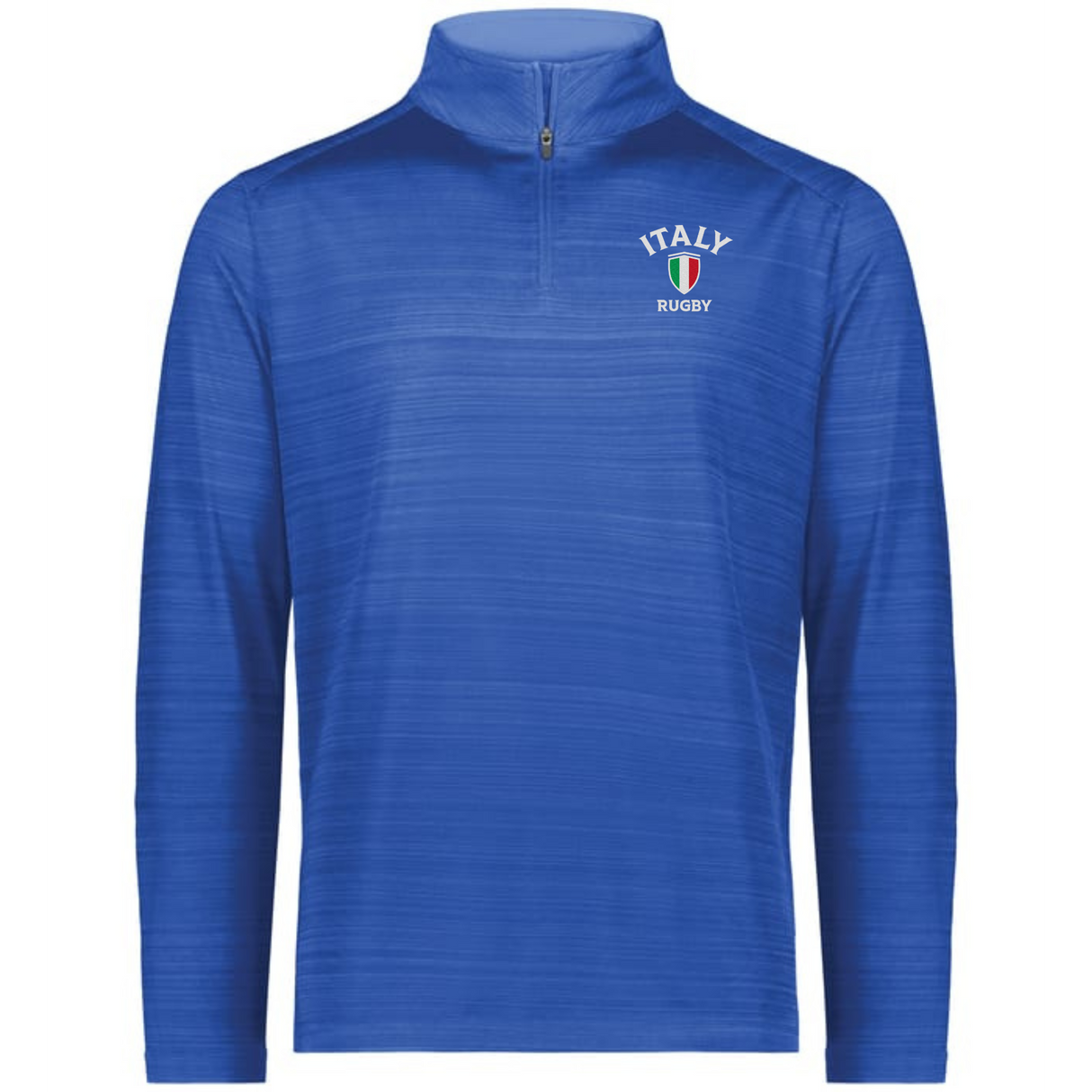 The EMB Augusta Nations of Rugby Italy Pursuit 1/4 Zip Pullover is a blue top with “Italy Rugby” and a shield logo embroidered on the left chest, celebrating Italian rugby heritage.