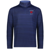 The EMB Augusta Nations of Rugby Les Bleus Pursuit 1/4 Zip Pullover in navy features subtle stripes, a red rooster logo, "LES BLEUS" and "FRANCE RUGBY" on the chest—a stylish essential for every rugby fan.