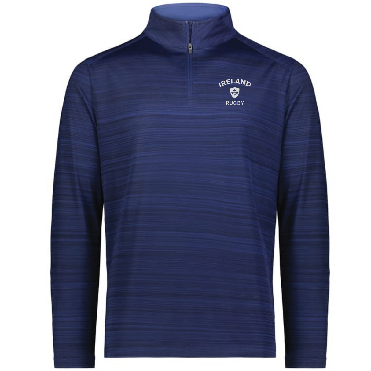 The EMB Augusta Nations of Rugby Ireland Pursuit 1/4 Zip Pullover features dark blue with subtle stripes and an "Ireland Rugby" left chest logo—ideal for rugby fans.