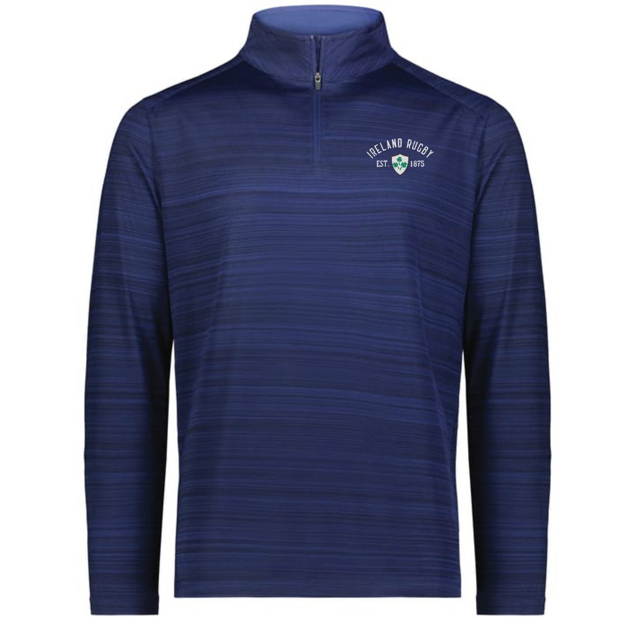 The EMB Augusta Nations of Rugby Ireland Est 1875 Pursuit 1/4 Zip Pullover in dark blue features subtle horizontal stripes and the "Ireland Rugby EST 1875" logo on the chest—a stylish nod to Irish rugby heritage.