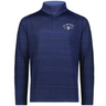 The EMB Augusta Nations of Rugby Ireland Est 1875 Pursuit 1/4 Zip Pullover in dark blue features subtle horizontal stripes and the "Ireland Rugby EST 1875" logo on the chest—a stylish nod to Irish rugby heritage.