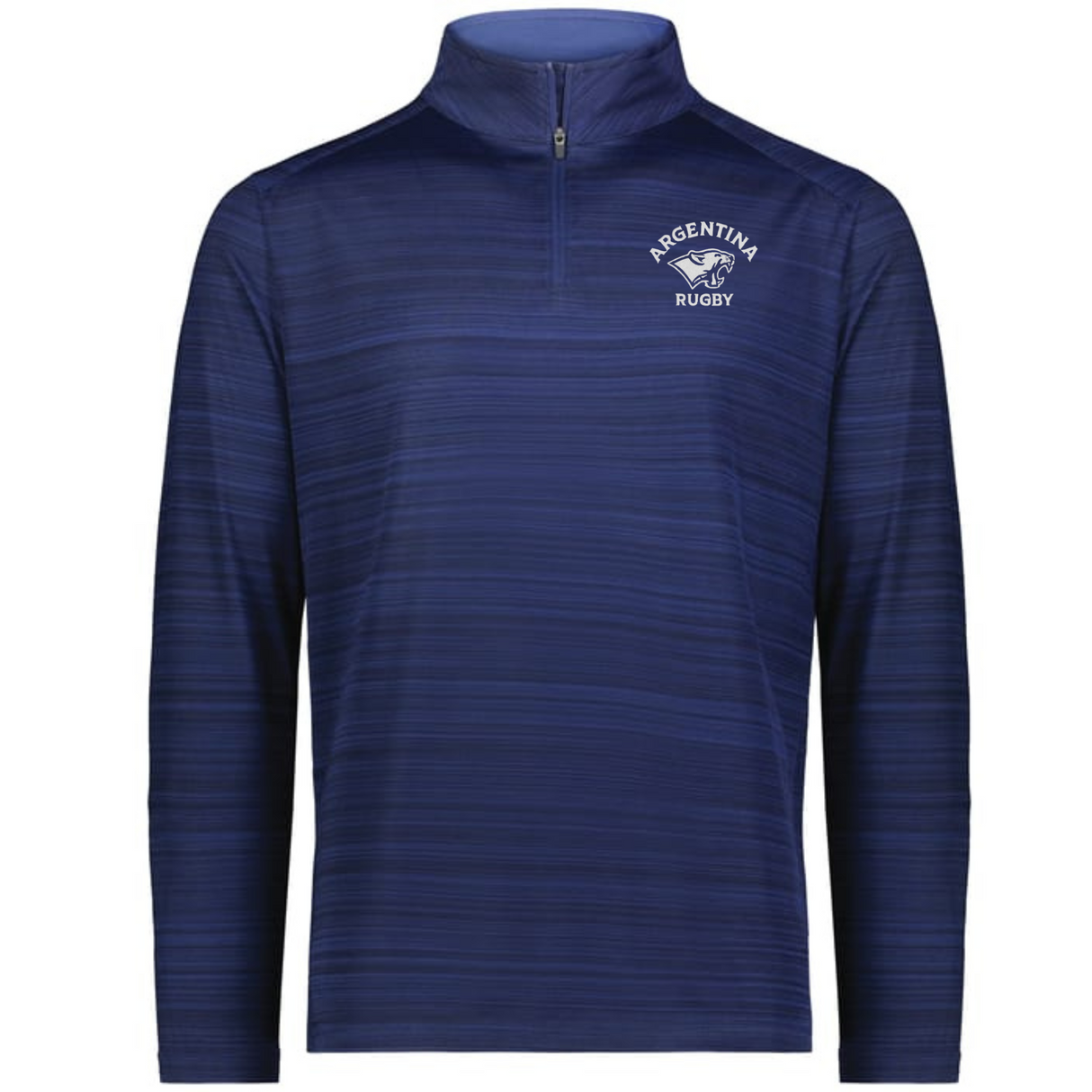 The EMB Augusta Nations of Rugby Argentina Pursuit 1/4 Zip Pullover is a blue long-sleeve shirt with subtle horizontal stripes and the "Argentina Rugby" logo on the left chest.