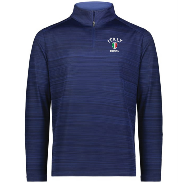 The EMB Augusta Nations of Rugby Italy Pursuit 1/4 Zip Pullover is a navy long-sleeve with subtle stripes and an "Italy Rugby" logo on the chest—ideal for fans.