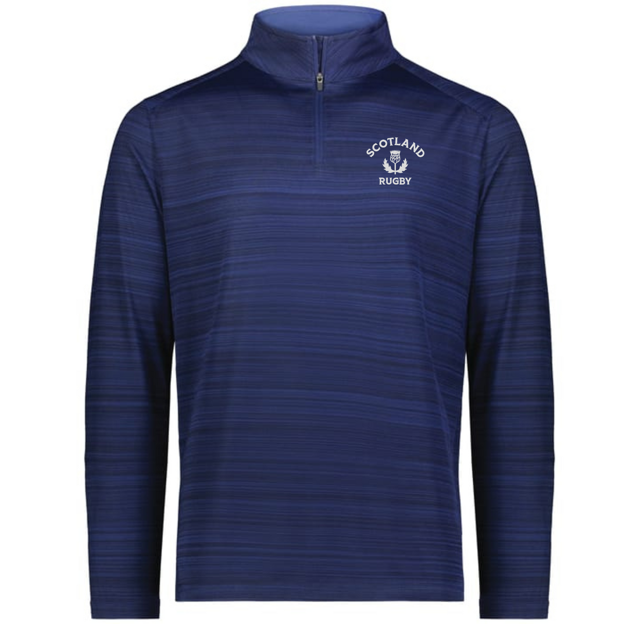 The EMB Augusta Nations of Rugby Scotland Pursuit 1/4 Zip Pullover is a blue, long-sleeve top with subtle stripes and a left chest logo—ideal for Scotland Rugby fans.