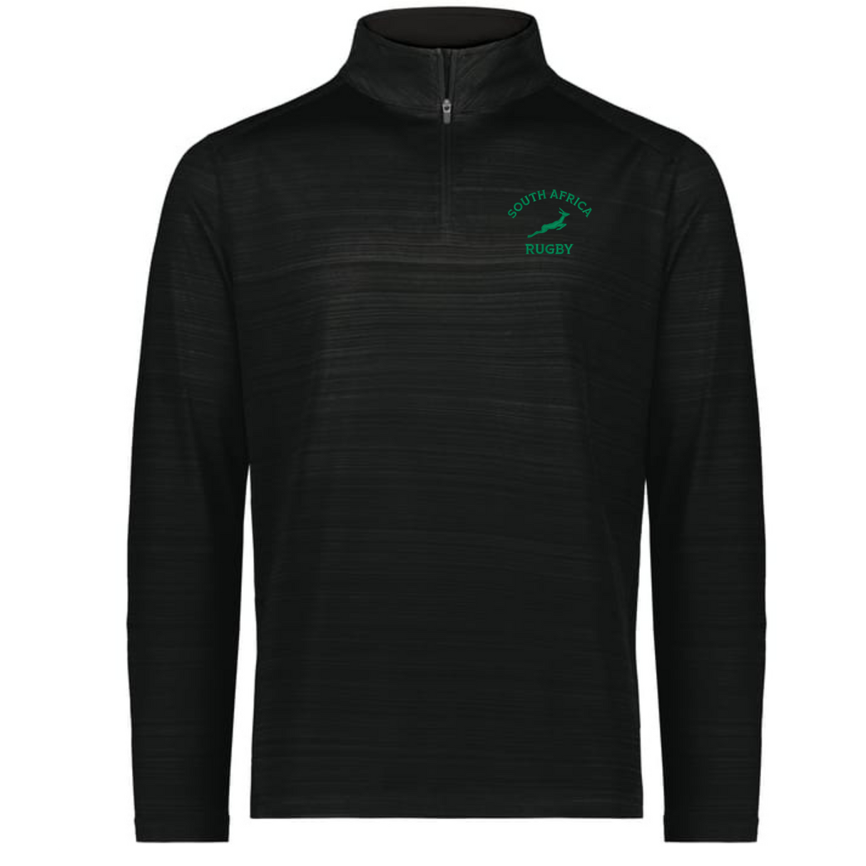 The EMB Augusta Nations of Rugby South Africa Pursuit 1/4 Zip Pullover features a black long-sleeve design with a green "South Africa Rugby" springbok logo on the chest—perfect for dedicated rugby fans.