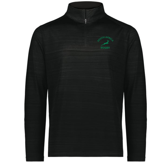 The EMB Augusta Nations of Rugby South Africa Pursuit 1/4 Zip Pullover features a black long-sleeve design with a green "South Africa Rugby" springbok logo on the chest—perfect for dedicated rugby fans.