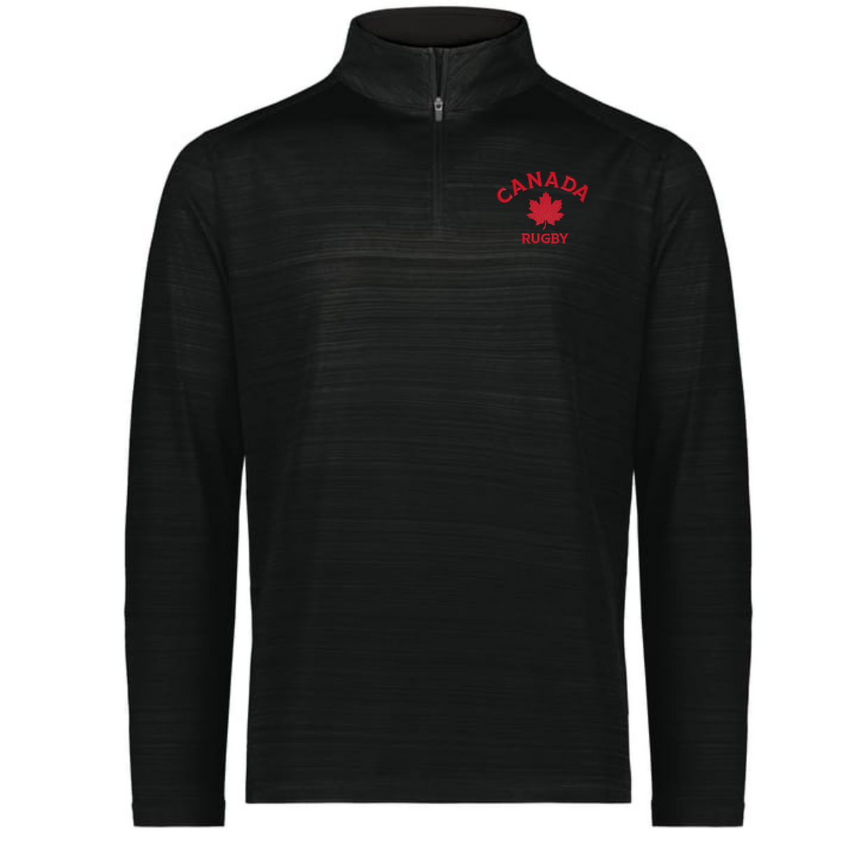 The EMB Augusta Nations of Rugby Canada Pursuit 1/4 Zip Pullover is black, with "CANADA RUGBY" and a red maple leaf logo on the left chest.