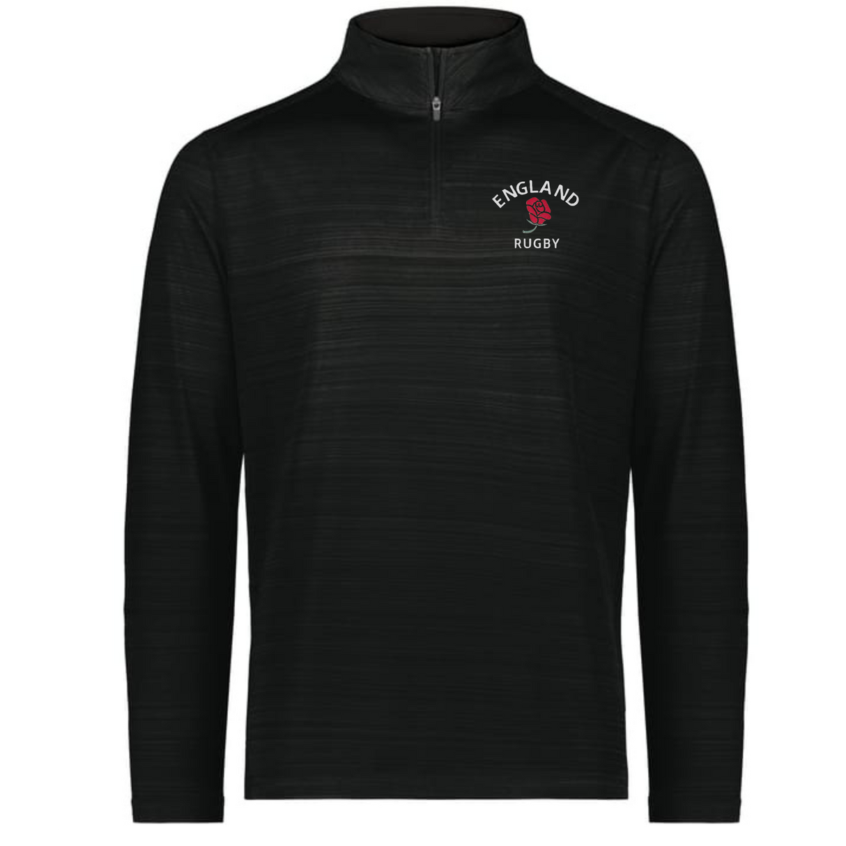 The EMB Augusta Nations of Rugby England Pursuit 1/4 Zip Pullover is a black long-sleeve top with "England Rugby" and a red rose logo on the left chest.