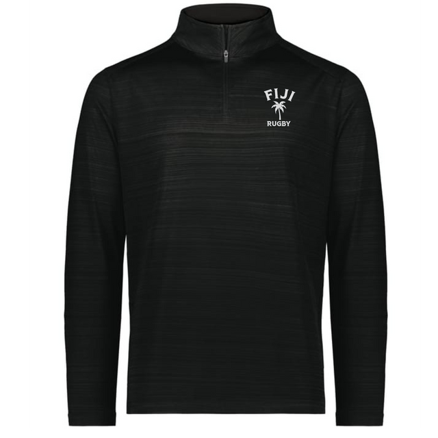 The EMB Augusta Nations of Rugby Fiji Pursuit 1/4 Zip Pullover is a black long-sleeve with "FIJI RUGBY" and a white palm tree graphic on the left chest.