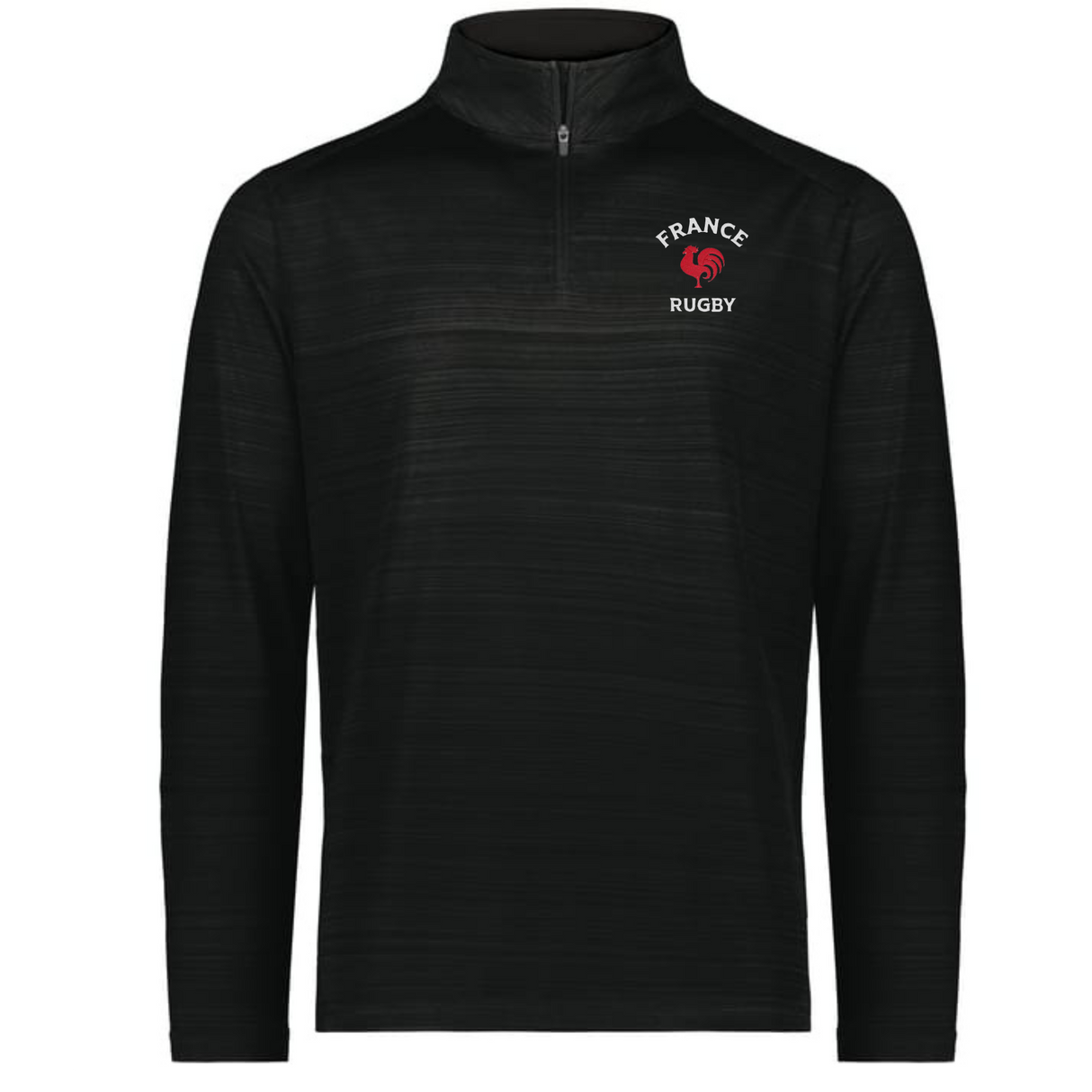 The EMB Augusta Nations of Rugby France Pursuit 1/4 Zip Pullover features a black design with a "FRANCE RUGBY" logo and red rooster emblem on the left chest—ideal for Rugby France fans and Nations of Rugby supporters.