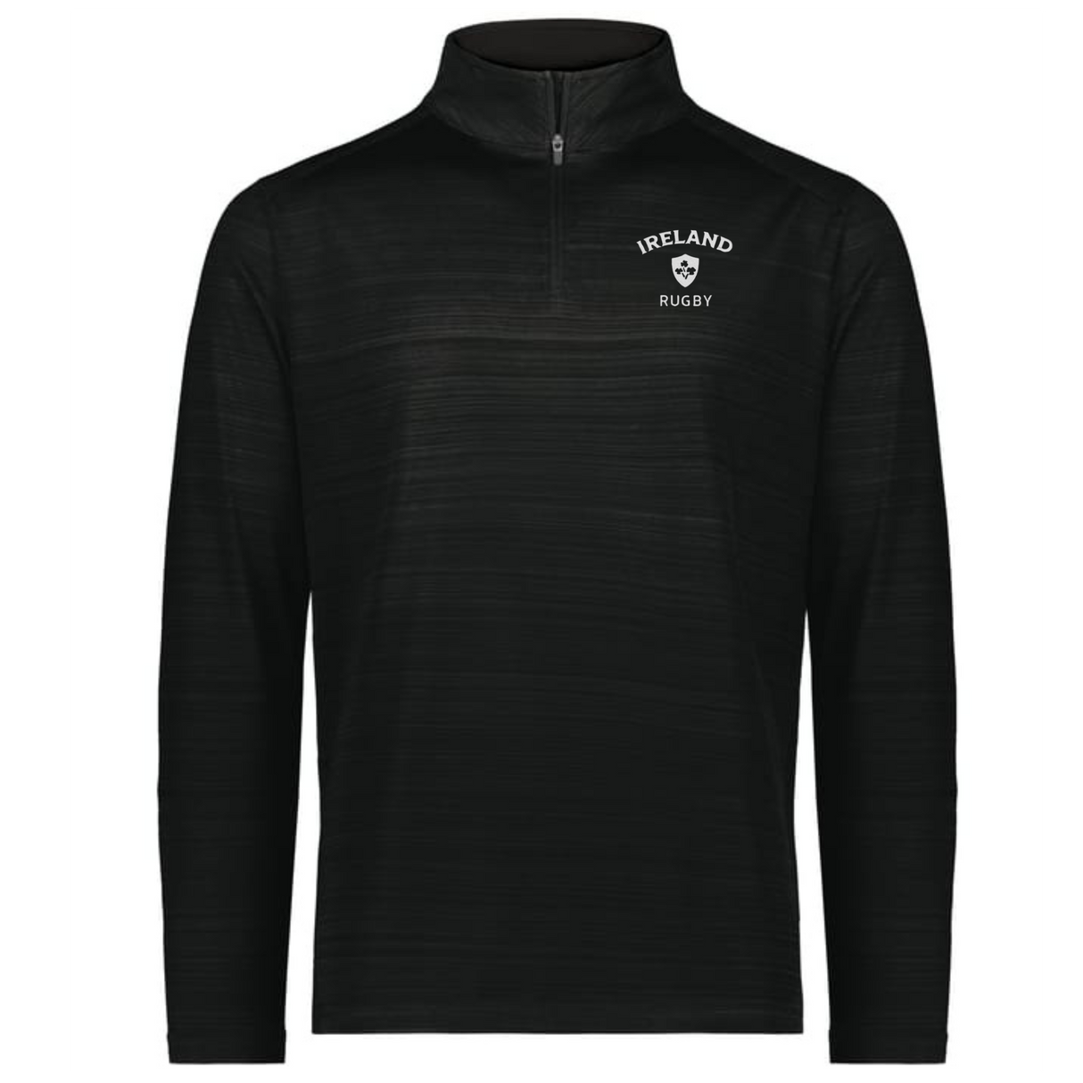 The EMB Augusta Nations of Rugby Ireland Pursuit 1/4 Zip Pullover is a black long-sleeve top with "Ireland Rugby" and a shamrock emblem on the left chest—perfect for dedicated rugby fans.