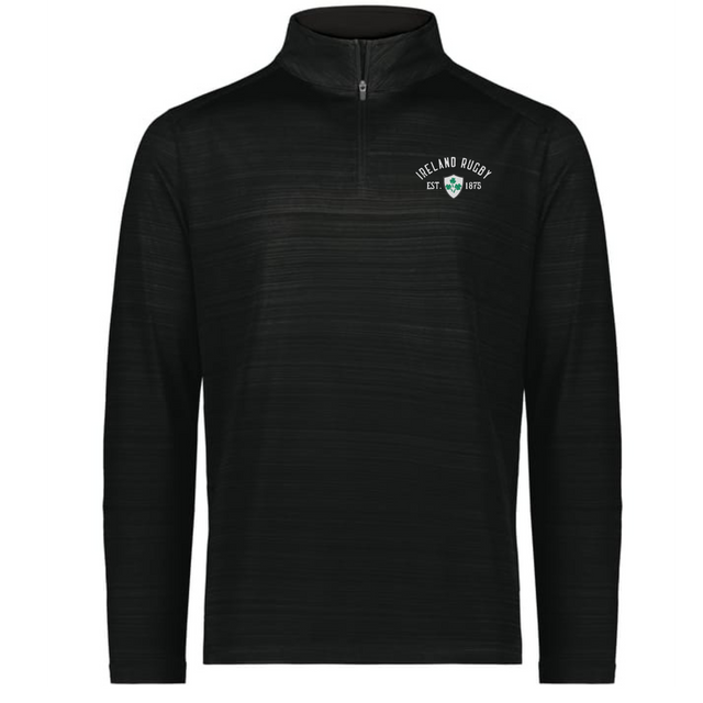 The EMB Augusta Nations of Rugby Ireland Est 1875 Pursuit 1/4 Zip Pullover features a black long-sleeve design with “Ireland Rugby EST 1875” and a green crest logo on the left chest, celebrating Irish rugby heritage.