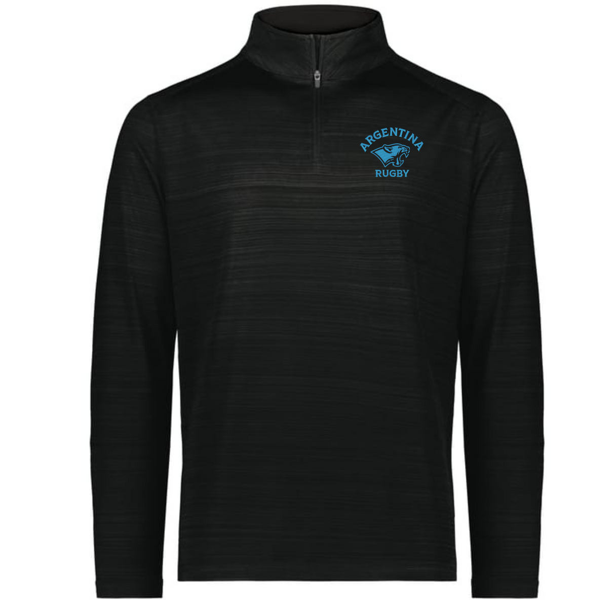 The EMB Augusta Nations of Rugby Argentina Pursuit 1/4 Zip Pullover is a black long-sleeve with a quarter-zip collar and an "Argentina Rugby" logo with a jaguar on the left chest.