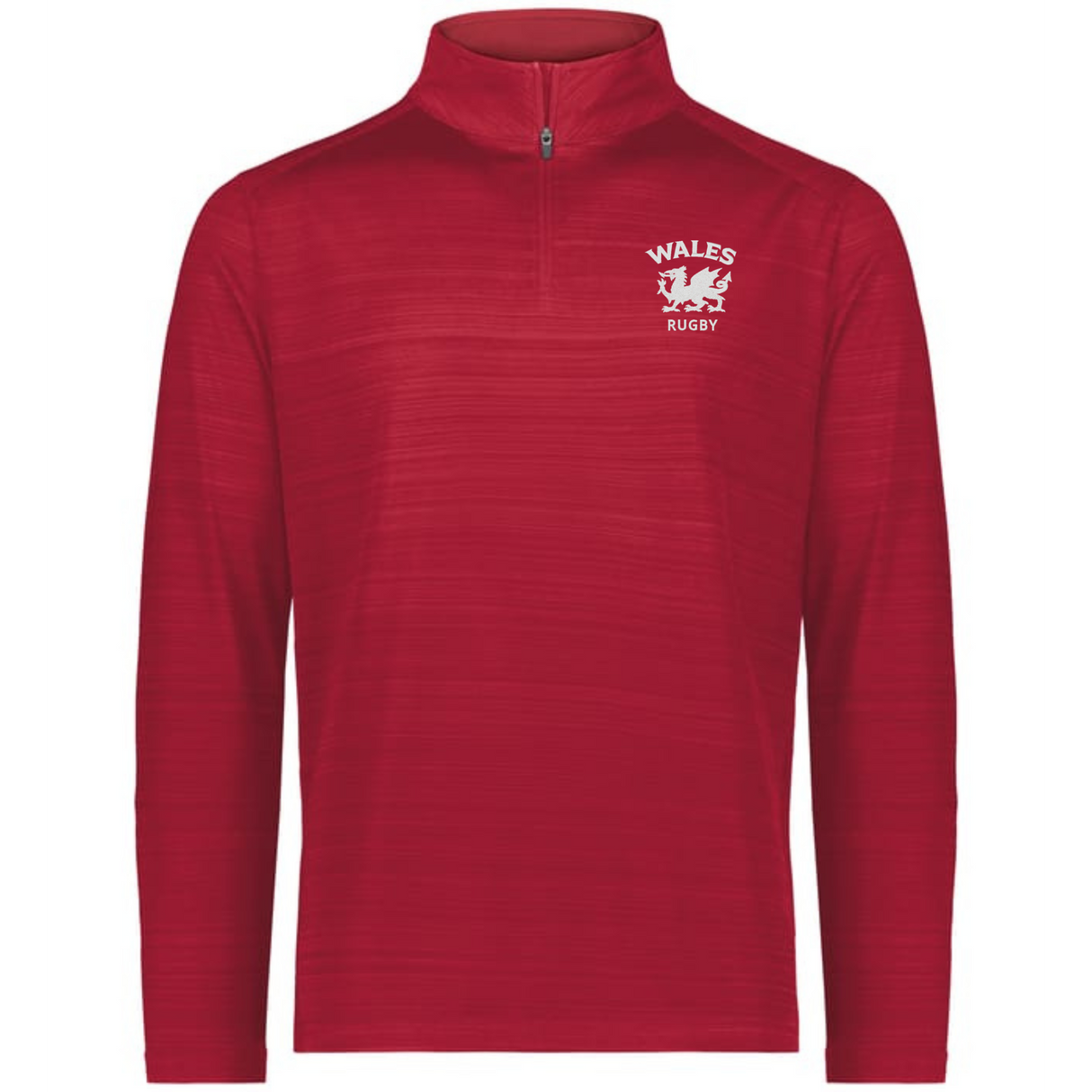 The EMB Augusta Nations of Rugby Wales Pursuit 1/4 Zip Pullover is a long-sleeved red top with "Wales Rugby" and a white dragon logo on the left chest, made from moisture-wicking fabric for comfort.