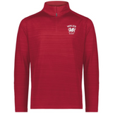 The EMB Augusta Nations of Rugby Wales Pursuit 1/4 Zip Pullover is a long-sleeved red top with "Wales Rugby" and a white dragon logo on the left chest, made from moisture-wicking fabric for comfort.