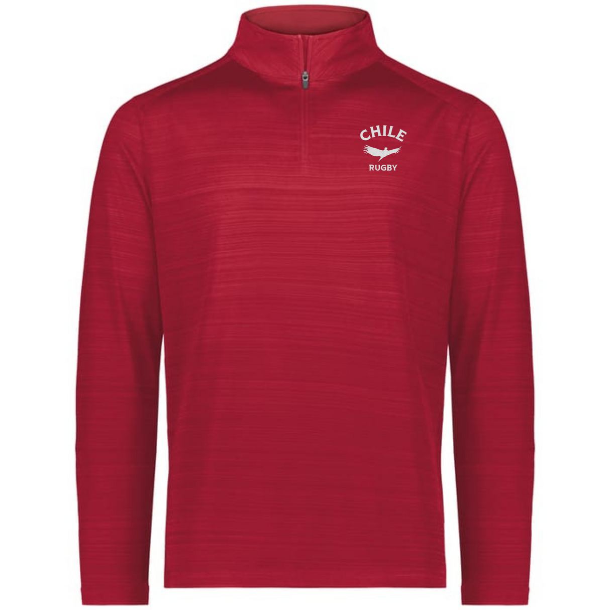 The EMB Augusta Nations of Rugby Chile Pursuit 1/4 Zip Pullover features a red design with "Chile Rugby" and a white bird graphic on the left chest—ideal for rugby fans supporting Chile.