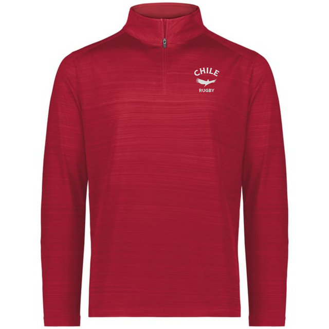 The EMB Augusta Nations of Rugby Chile Pursuit 1/4 Zip Pullover features a red design with "Chile Rugby" and a white bird graphic on the left chest—ideal for rugby fans supporting Chile.