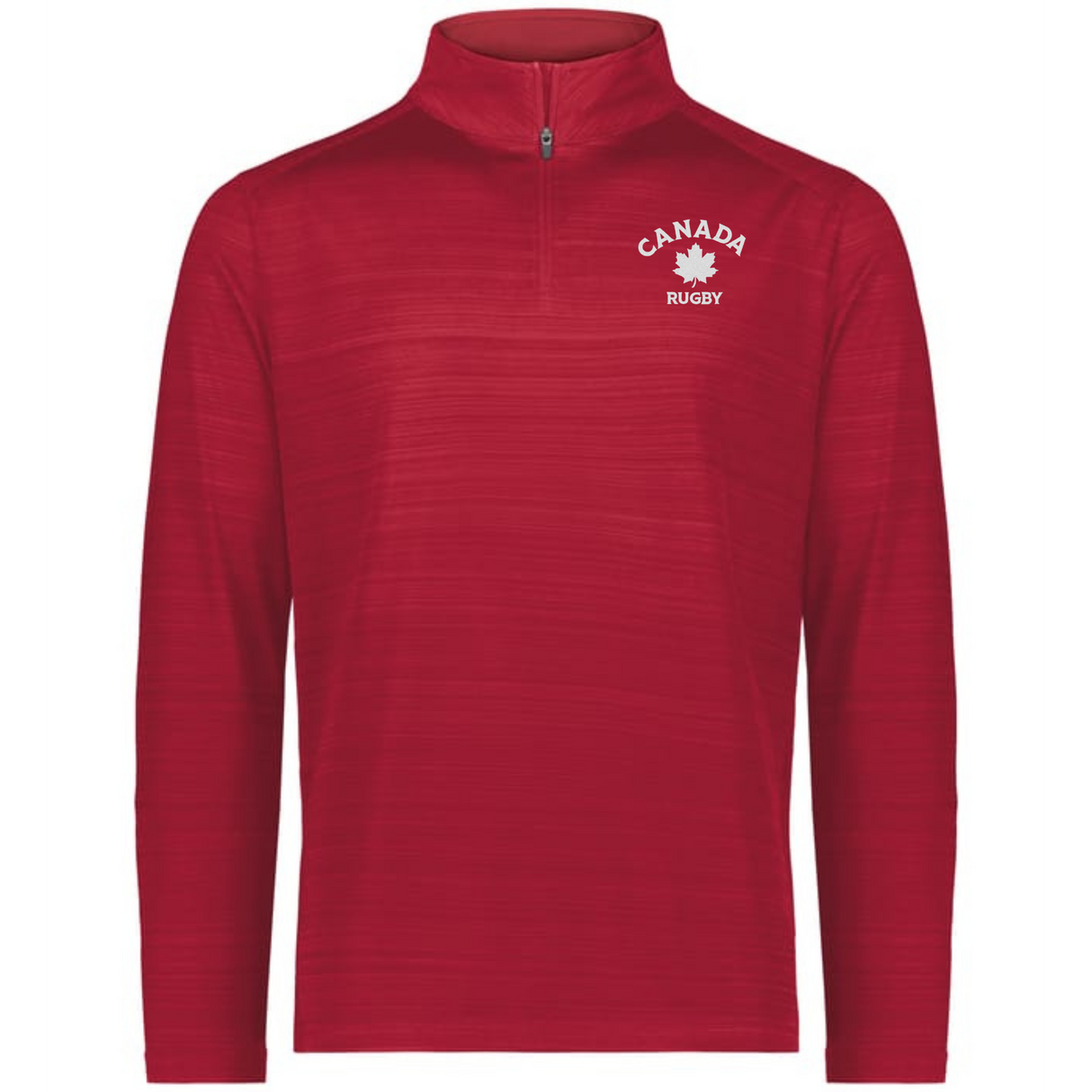 The EMB Augusta Nations of Rugby Canada Pursuit 1/4 Zip Pullover is a red long-sleeve top with "CANADA RUGBY" and a white maple leaf logo on the left chest—perfect for any Rugby Canada supporter.