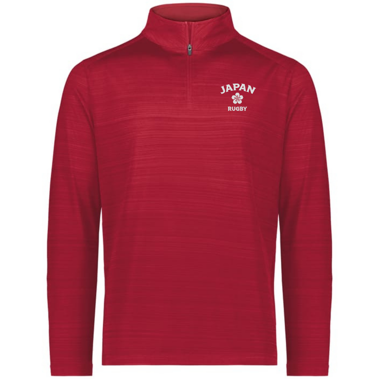 The EMB Augusta Nations of Rugby Japan Pursuit 1/4 Zip Pullover is a red top with "JAPAN RUGBY" and a white cherry blossom logo on the left chest, combining style and comfort for fans.