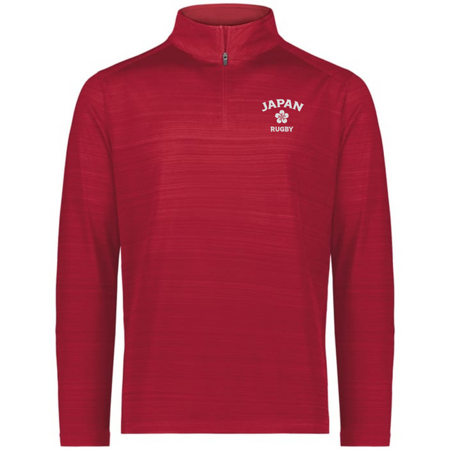 The EMB Augusta Nations of Rugby Japan Pursuit 1/4 Zip Pullover is a red top with "JAPAN RUGBY" and a white cherry blossom logo on the left chest, combining style and comfort for fans.