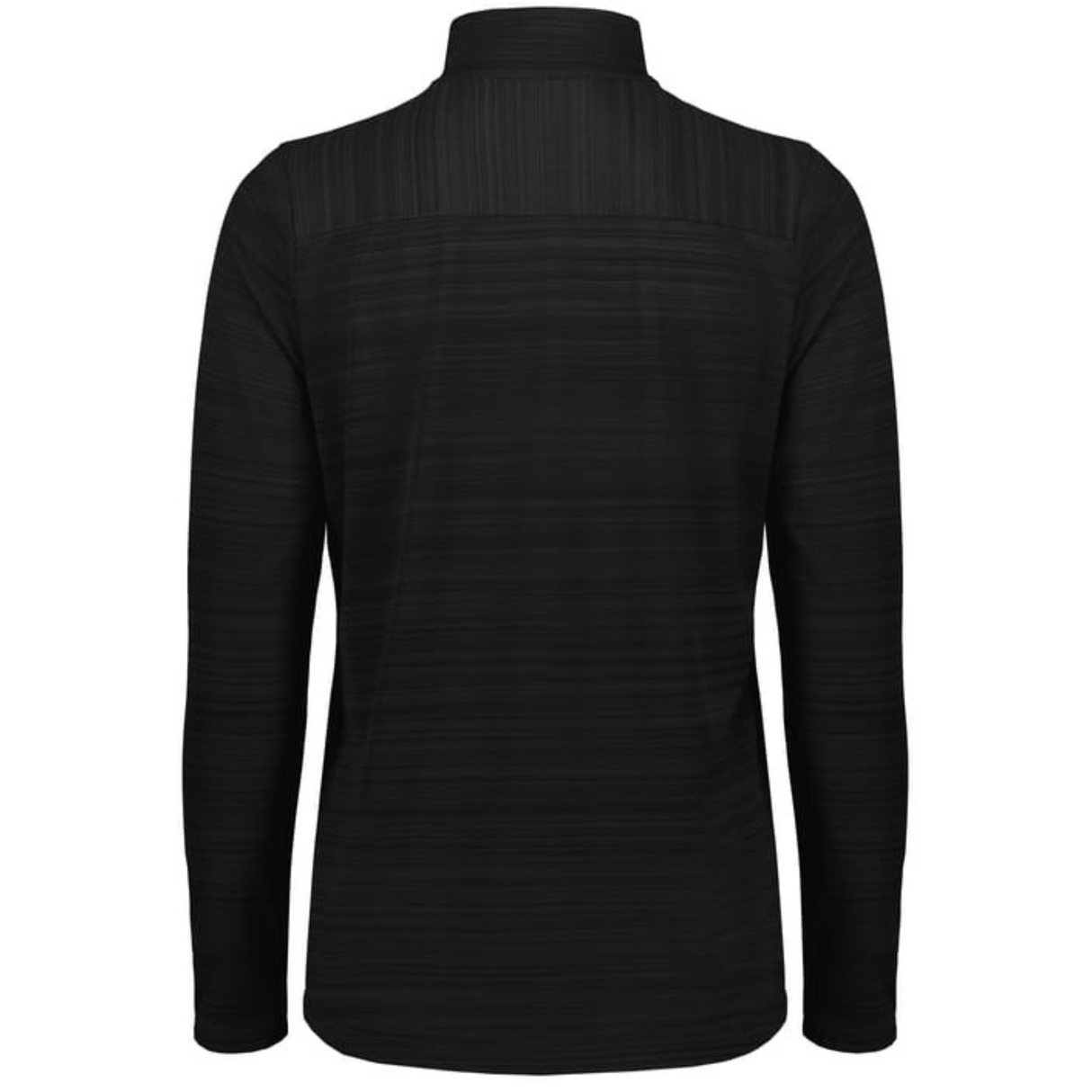 Back view of the EMB Augusta Women's Nations of Rugby Scotland Pursuit 1/4 Zip Pullover, a black jacket with a subtle horizontal stripe and high collar, shown on a white background—perfect moisture-wicking athletic wear for comfort.