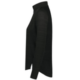 Side view of the EMB Augusta Women's Nations of Rugby Fiji Pursuit 1/4 Zip Pullover, a long-sleeve black top with a mock neck and moisture-wicking fabric, displayed on a plain white background.