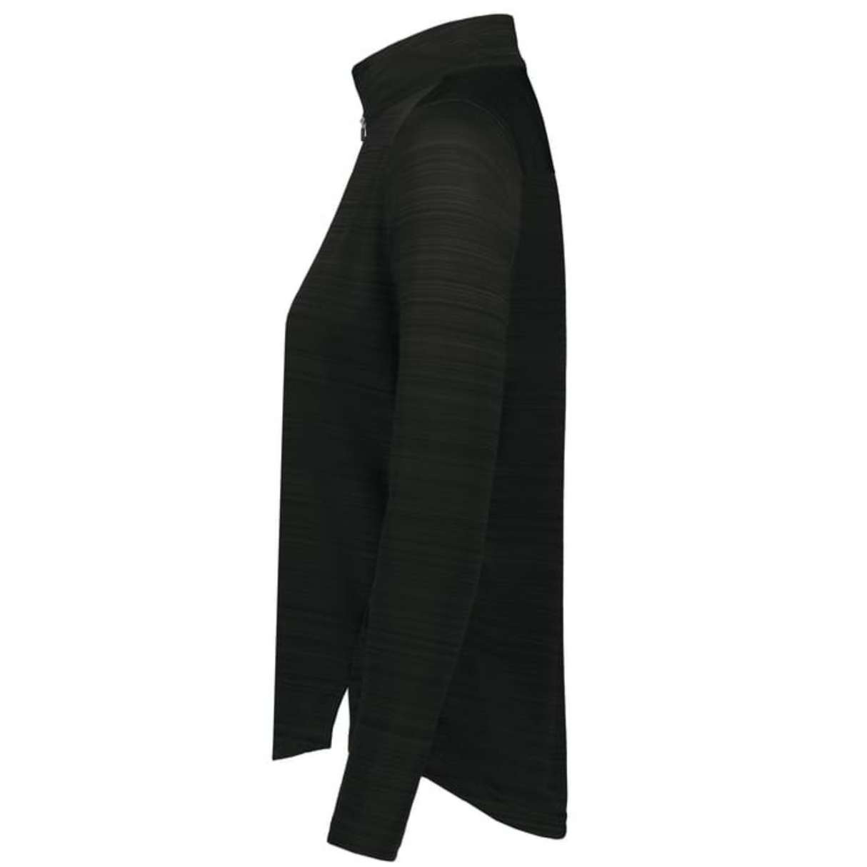 Side view of the EMB Augusta Women's Nations of Rugby Wales Pursuit 1/4 Zip Pullover, a black, long-sleeve shirt with a mock neck on a white background. This moisture-wicking top is great for active or casual wear.