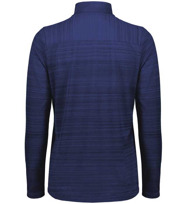 The EMB Augusta Women's Nations of Rugby Scotland Pursuit 1/4 Zip Pullover is shown from the back in navy blue with long sleeves and a subtle horizontal stripe pattern.
