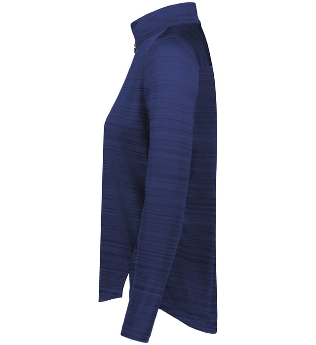 Side view of the EMB Augusta Women's Nations of Rugby Scotland Pursuit 1/4 Zip Pullover, a navy blue long-sleeve athletic top with subtle horizontal stripes and moisture-wicking fabric.