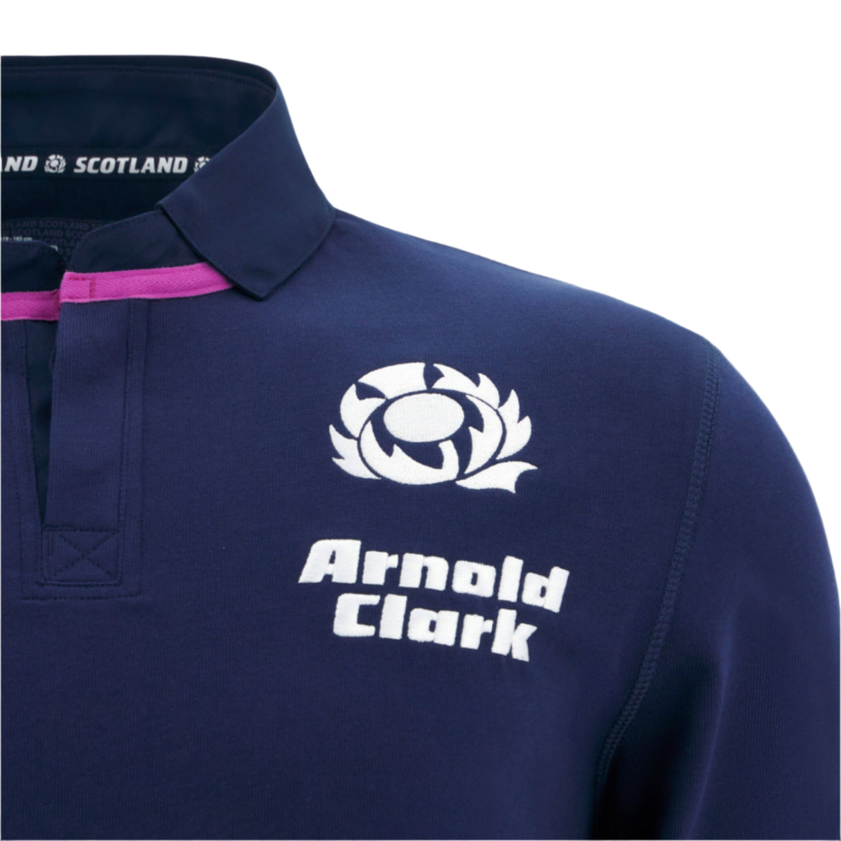 Close-up of the Scotland SRU 25/26 Replica Home Long Sleeve Cotton Jersey by Macron in navy, featuring the team logo and "Arnold Clark" sponsor on the chest.