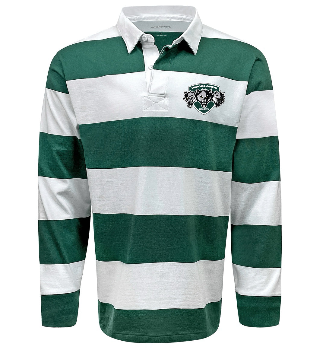 The EMB Sanmar Woodlands Youth Wolfpack Hooped Classic Jersey features bold green and white hoops, a white collar, and a crest logo—perfect for fans of the classic Green Hooped Jersey style.