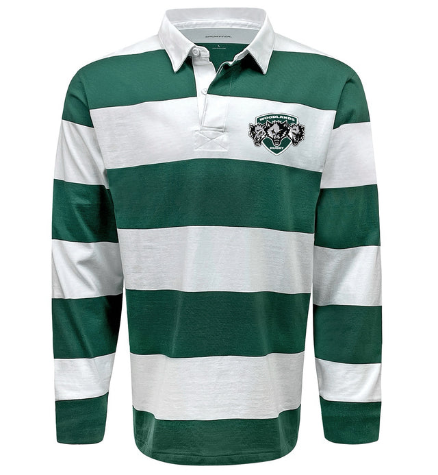 The EMB Sanmar Woodlands Youth Wolfpack Hooped Classic Jersey features bold green and white hoops, a white collar, and a crest logo—perfect for fans of the classic Green Hooped Jersey style.