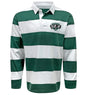 The EMB Sanmar Woodlands Youth Wolfpack Hooped Classic Jersey features bold green and white hoops, a white collar, and a crest logo—perfect for fans of the classic Green Hooped Jersey style.