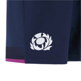 Close-up of the Scotland SRU 25/26 Matchday Home Shorts by Macron, in navy blue with the white Scottish Rugby thistle logo near the hem—ideal for fans wanting official home shorts.