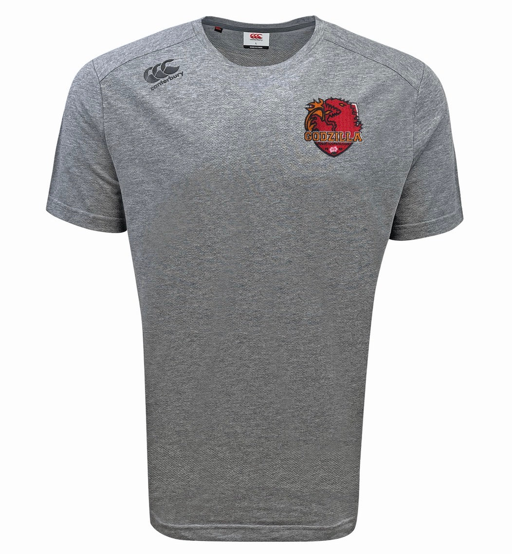 The EMB Canterbury Godzilla RFC Embroidered Club Tempo Vapodri T-Shirt is a gray short-sleeve athletic top featuring a moisture-wicking sports tee design, the Canterbury logo on the right shoulder, and a red embroidered Godzilla RFC emblem on the left chest.
