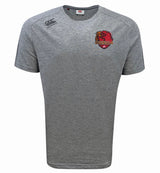 The EMB Canterbury Godzilla RFC Embroidered Club Tempo Vapodri T-Shirt is a gray short-sleeve athletic top featuring a moisture-wicking sports tee design, the Canterbury logo on the right shoulder, and a red embroidered Godzilla RFC emblem on the left chest.