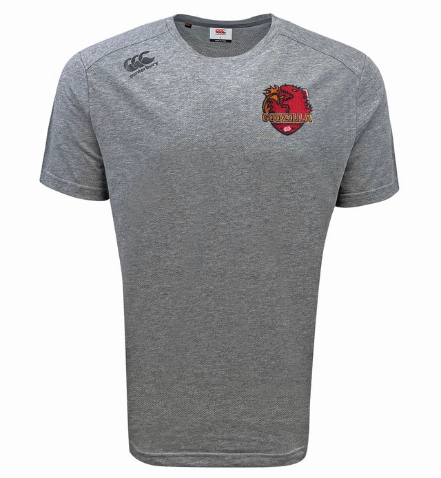 The EMB Canterbury Godzilla RFC Embroidered Club Tempo Vapodri T-Shirt is a gray short-sleeve athletic top featuring a moisture-wicking sports tee design, the Canterbury logo on the right shoulder, and a red embroidered Godzilla RFC emblem on the left chest.