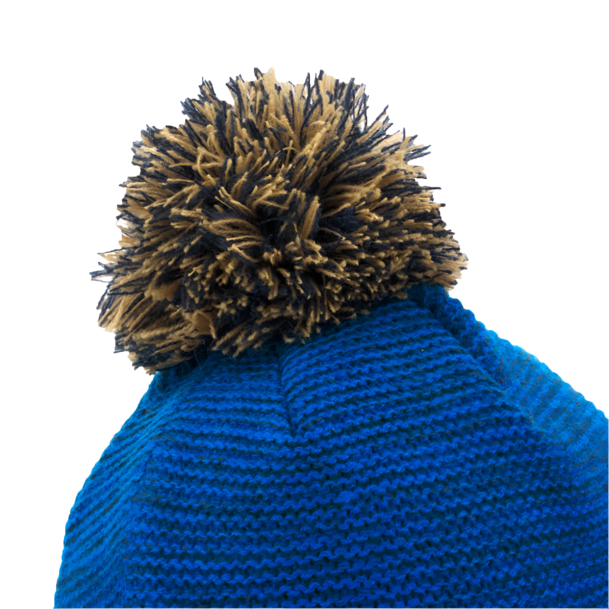 A close-up of the Italy 25/26 Supporters Pom-Pom Beanie by Macron, featuring a blue design with a brown and black pom-pom, set against a plain white background.